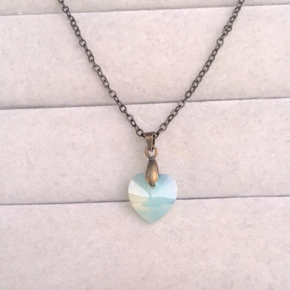 Chrysolite Green Opal + Antique Brass Crystal Heart Drop Pendant Necklace - Picture 2 of 4